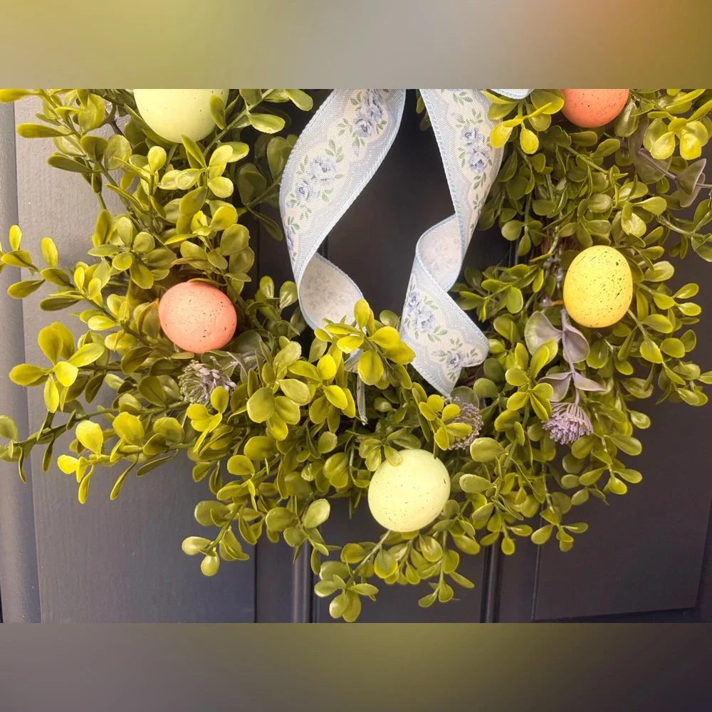 Handmade Boxwood Easter Bunny Wreath with Pastel Eggs and Blue Bow 28” x 13”
